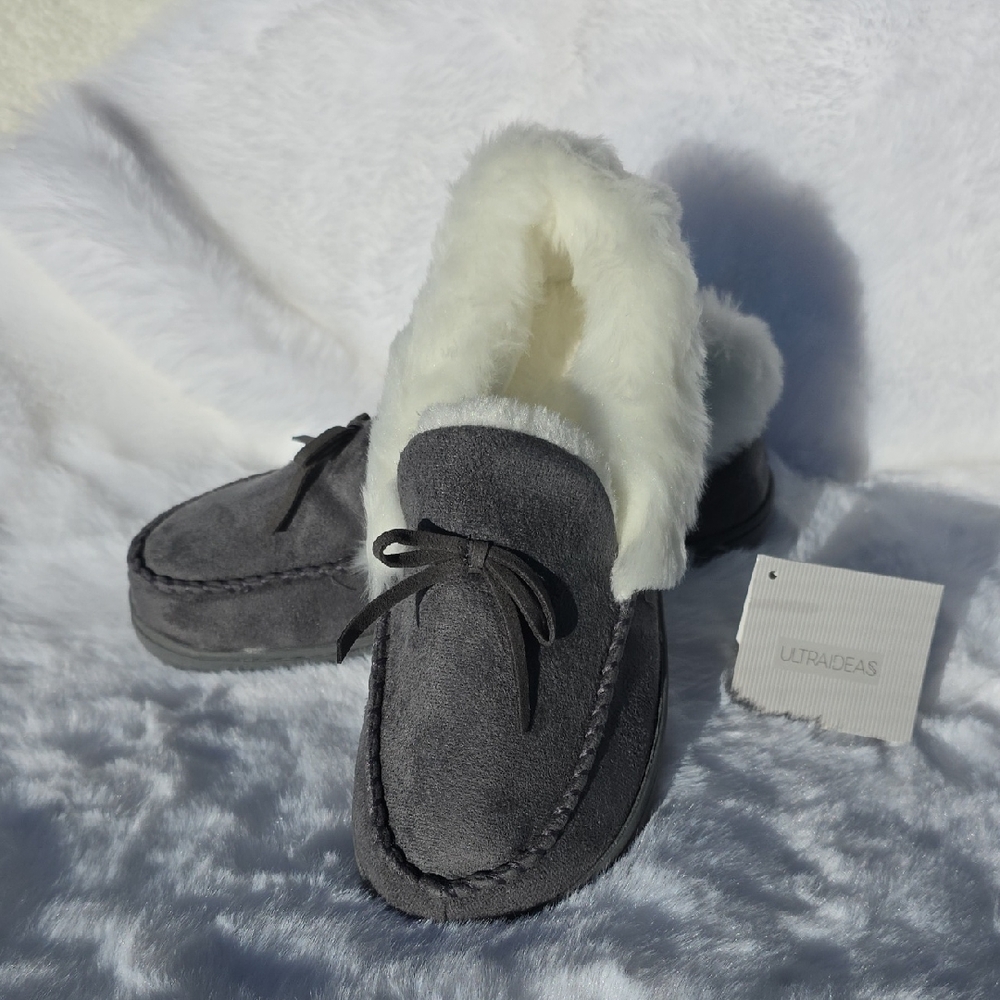 Gray Suede with White Fur Lining and Trim Slippers House Shoes Moccasin